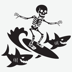 Skeleton Surfer Riding Wave with Sharks, Black and White Graphic