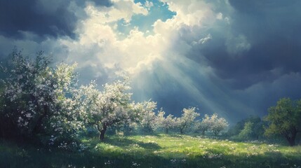 Sunbeams breaking through clouds over a blooming orchard, divine light, hopeful atmosphere