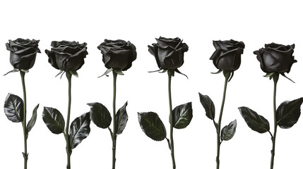 A striking arrangement of six black roses .