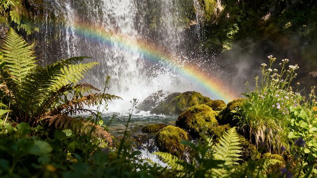 A spectacular rainbow arches over the mist of a powerful waterfall, framed by lush ferns and moss-covered rocks in a vibrant green natural forest environment.