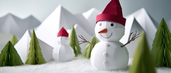 The Snowman in a Paper Winter Forest with Origami Trees and Mountain Backdrop