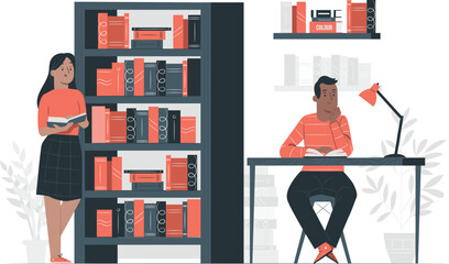 People studying and reading in a library with bookshelves and a desk bookshelf