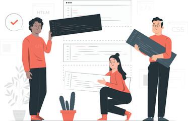 People working with code on screens and plants coding programming