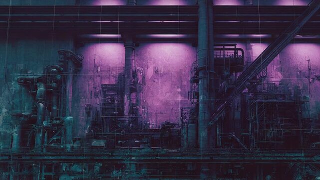 Futuristic dystopian factory cityscape with neon lights
