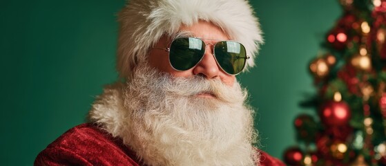 The Santa Claus Portrait Wearing Sunglasses Beside A Festive Christmas Tree Backdrop