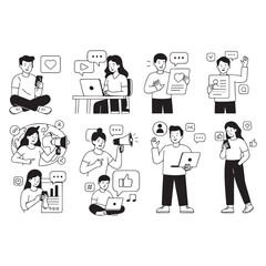 Set of people vector illustrations in various activities of social network, digital marketing, online communication, internet services vector