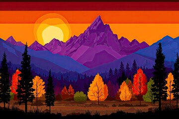 Mountain range under sunset with silhouetted trees and autumn leaves