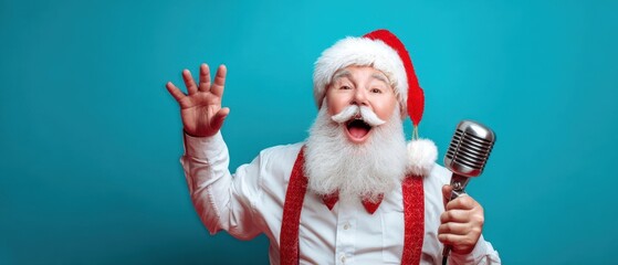 The Santa Claus singer holding vintage microphone, joyful portrait on blue background
