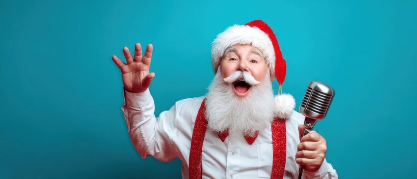 The Santa Claus singer holding vintage microphone, joyful portrait on blue background
