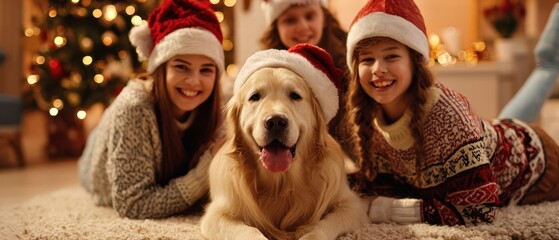 The Golden Retriever Surrounded by Smiling Children Wearing Santa Hats in Cozy Living Room