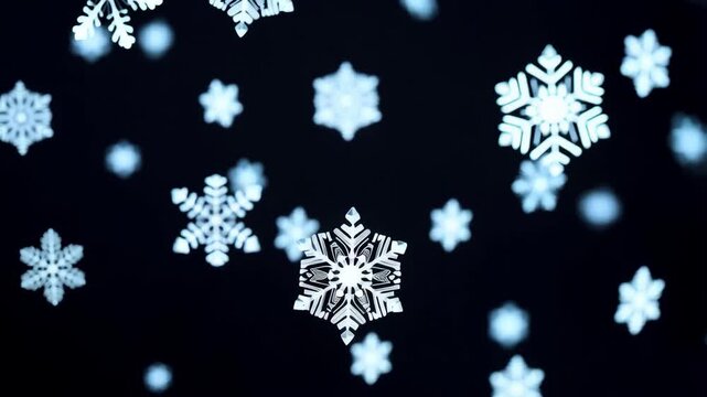 Snowflakes gently falling in slow motion animation. Winter wonderland effect with sparkling crystals drifting on dark backdrop for holiday scenes and festive atmospheres. video footage video footage