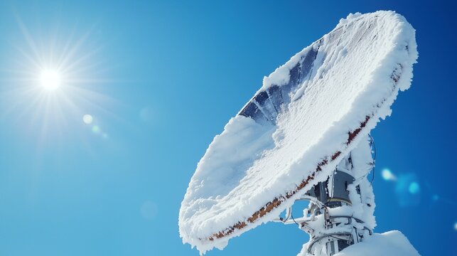 Satellite dish covered in snow under bright sun in clear blue sky during winter season