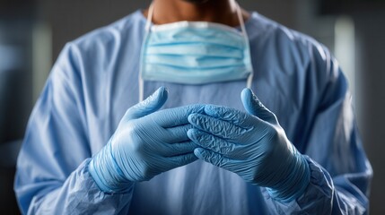 A healthcare worker in blue scrubs and gloves prepares for a medical procedure, emphasizing safety and hygiene in a clinical environment.