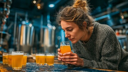 A freshly made craft beer is examined and tasted by a female brewmaster.  Her method of quality control in a contemporary brewhouse