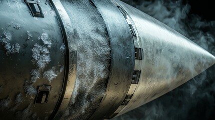 Missile head with frost and smoke in a cold environment highlighting advanced technology and military engineering