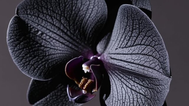 Unique black orchid in close up showcasing intricate details and textures