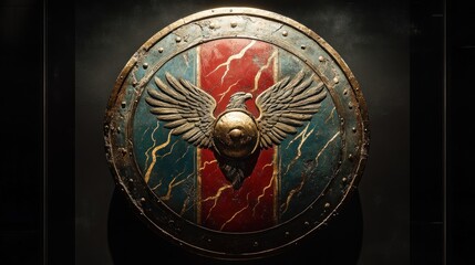 Roman legionary's shield (Scutum), painted with eagle and lightning bolts, surface showing battle wear but also a surreal, rippling water effect, museum spotlight