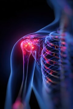 A detailed medical illustration showcases the human shoulder joint, highlighting the skeletal structure and surrounding tissues with a vibrant, glowing effect, emphasizing the anatomical complexity
