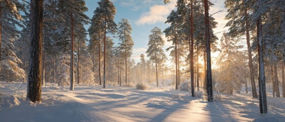 The Pine Forest at Sunrise with Snow Covered Trees and Long Winter Shadows