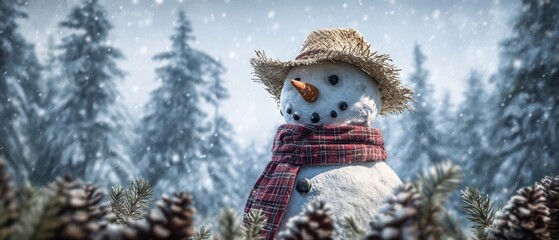The Snowman in a Frosty Pine Forest Wearing a Straw Hat and Red Plaid Scarf