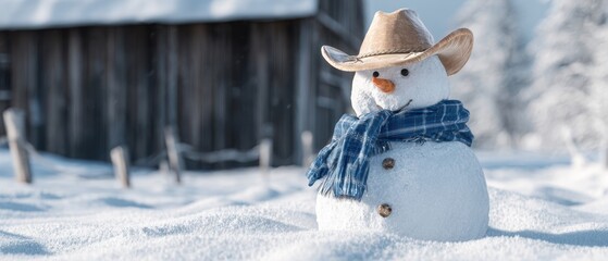 The snowman wearing a cowboy hat and blue scarf in a snowy rural setting