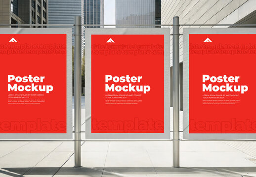 Set of Three Vertical Poster Mockups Mounted on an Urban Low Wall or Railing