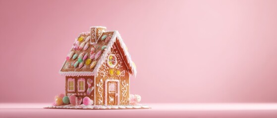 The gingerbread house on a pink background decorated with candies and icing
