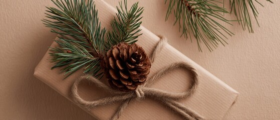 The Gift Wrapped in Brown Kraft Paper with Pinecone and Twine Bow