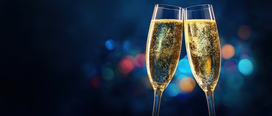 The Champagne Flutes Toasting with Bubbly Sparks Against Festive Bokeh Background