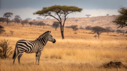 Obraz premium Serene Zebra in Natural Savanna Landscape – African Wildlife Image.