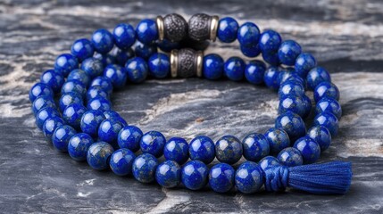 Prayer beads (Tasbih) made of luminous, deep blue lapis lazuli, each bead containing a microscopic, swirling galaxy, dynamic focus pull