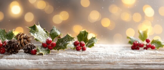 The Holly and Pinecone Arrangement on Snow-Dusted Rustic Wooden Table with Bokeh Lights