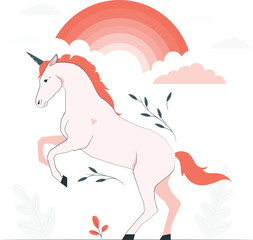 Pink Unicorn Rearing Up With Rainbow And Plants On White horse mythical