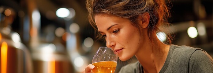 A freshly made craft beer is examined and tasted by a female brewmaster.  Her method of quality control in a contemporary brewhouse