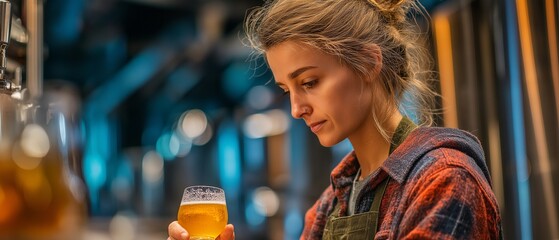A freshly made craft beer is examined and tasted by a female brewmaster.  Her method of quality control in a contemporary brewhouse