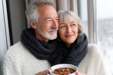A happy senior couple embraces while enjoying a warm bowl of food by a snowy window, conveying warmth and togetherness in a cozy setting.