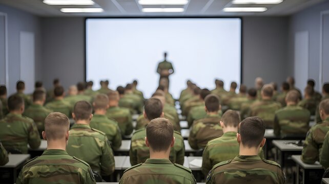 Military personnel attentively listen during a formal training session in a modern classroom, focused on learning and professional development.