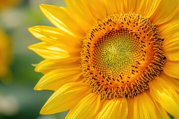 Obraz premium A vibrant sunflower with bright yellow petals and a dark brown center, set against a blurred background of green foliage.