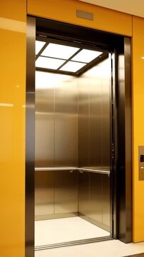 Open silver elevator with yellow panels, white floor, bright ceiling