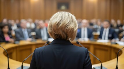 Confidently addressing a large audience from behind a podium in a formal conference room, inspiring engagement and professional discussion.