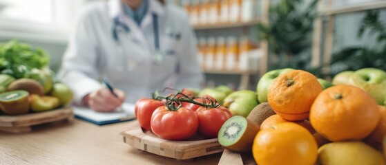 The Tomatoes and Citrus Display Beside a Doctor Advising Healthy Nutrition Choices
