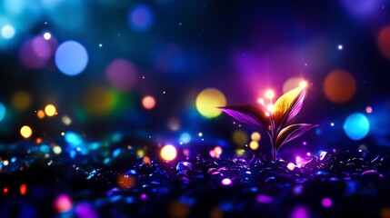 Vibrant Plant Growth with Colorful Bokeh Lights in Background at Night