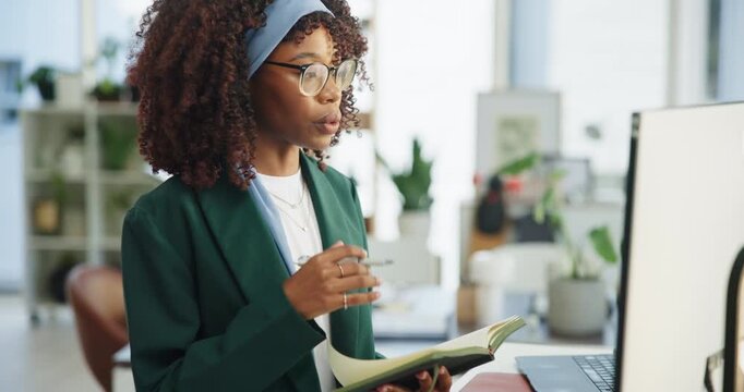 Notebook, video call and businesswoman in office with ideas on creative project for approval. Research, virtual meeting and female graphic designer with planning for editing assignment in workplace.