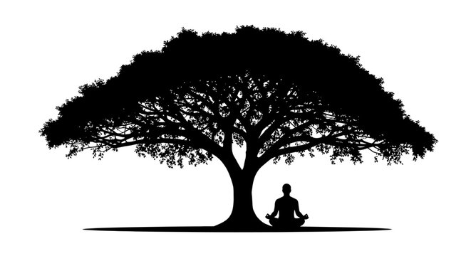 Silhouette of a person meditating under a large tree peaceful yoga and relaxation concept vector illustration isolated on white