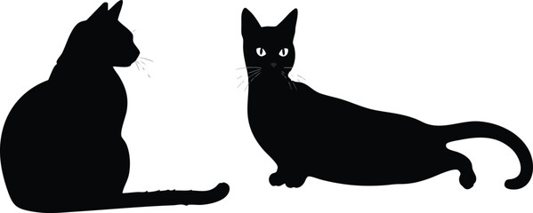 Two black cats in silhouette, one sitting attentively, the other lounging playfully.
