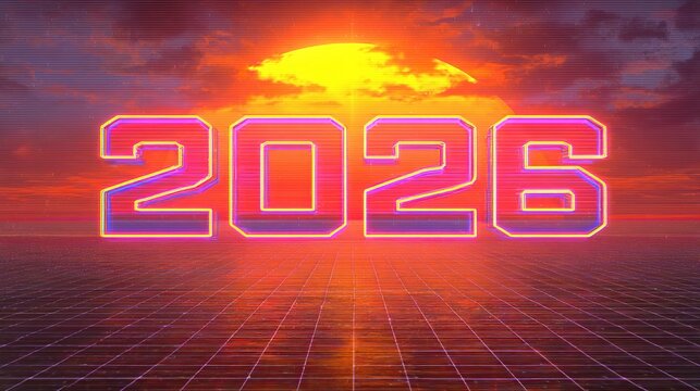Retro 2026 New Year celebration with vibrant sunset and grid, perfect for nostalgic event promotions and futuristic countdowns, a bold design element
