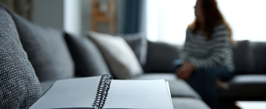 The Notebook on a Sofa with Blurred Woman Sitting in Background