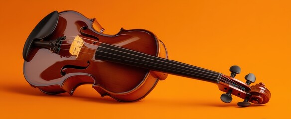 Fototapeta premium The Violin Lying on a Vibrant Orange Background with Soft Studio Lighting
