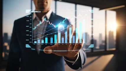 A business professional interacts with a holographic financial chart, set in a modern office - Powered by Adobe