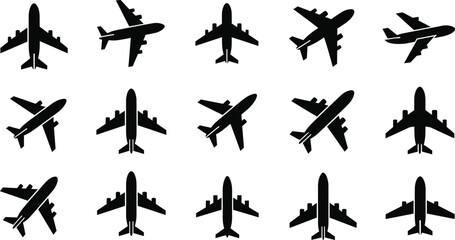 Airplane silhouette collection, aviation angles, aircraft icons, top view, side view, black plane shapes, flight symbols, vector illustration, transport graphics